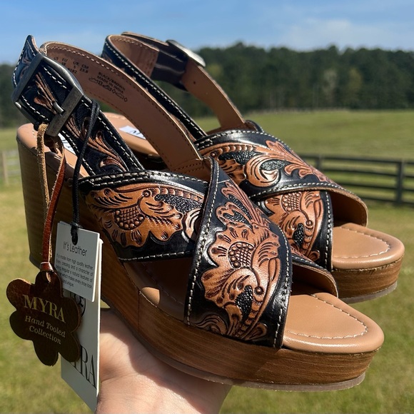 MYRA Hand Tooled Leather Wedge Sandals Size 8 Western Boho Cowgirl Rodeo Concert - Picture 2 of 7